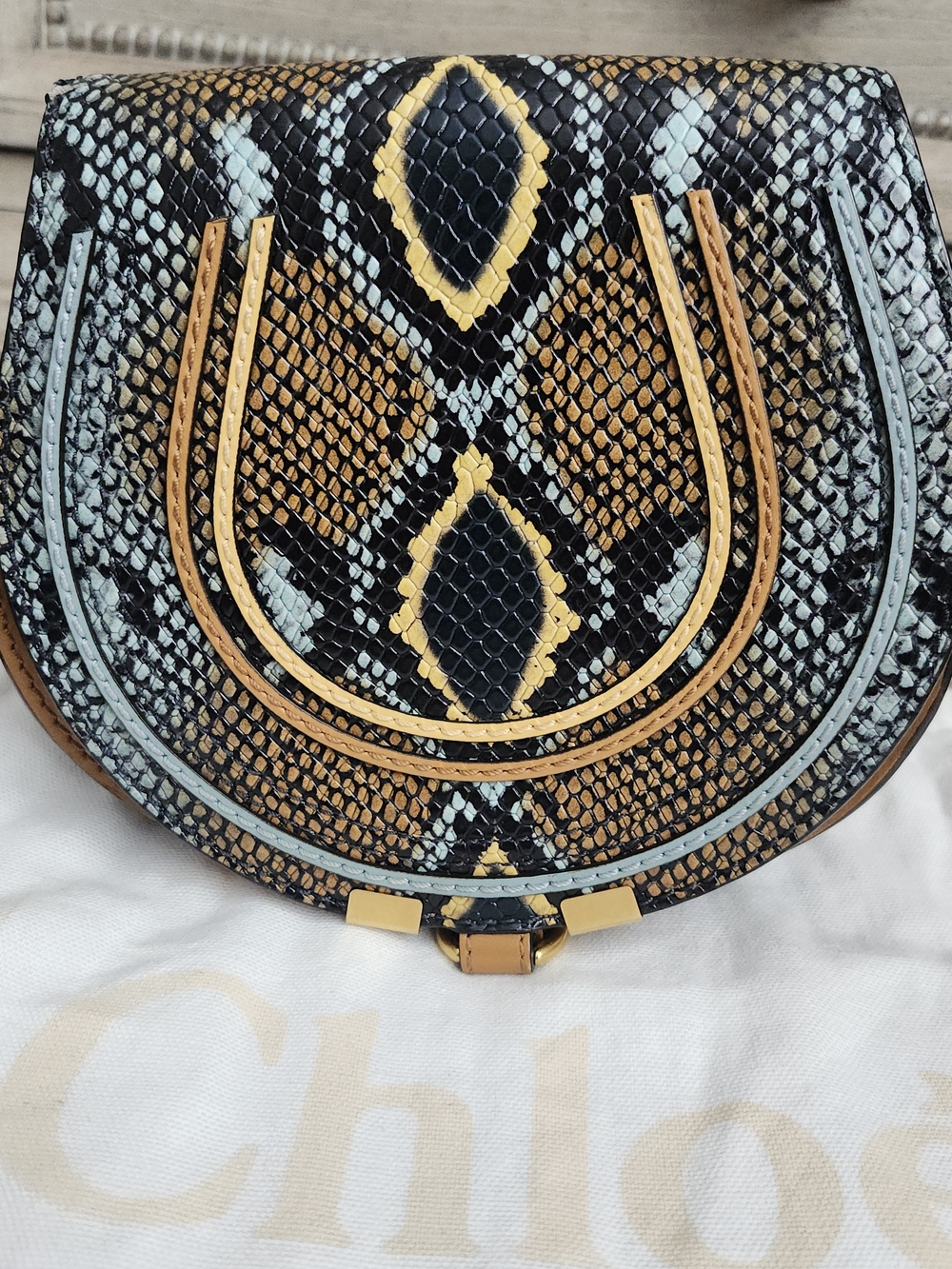 CHLOE  Marcie Mini Python-Print Saddle Bag in Brown and Black